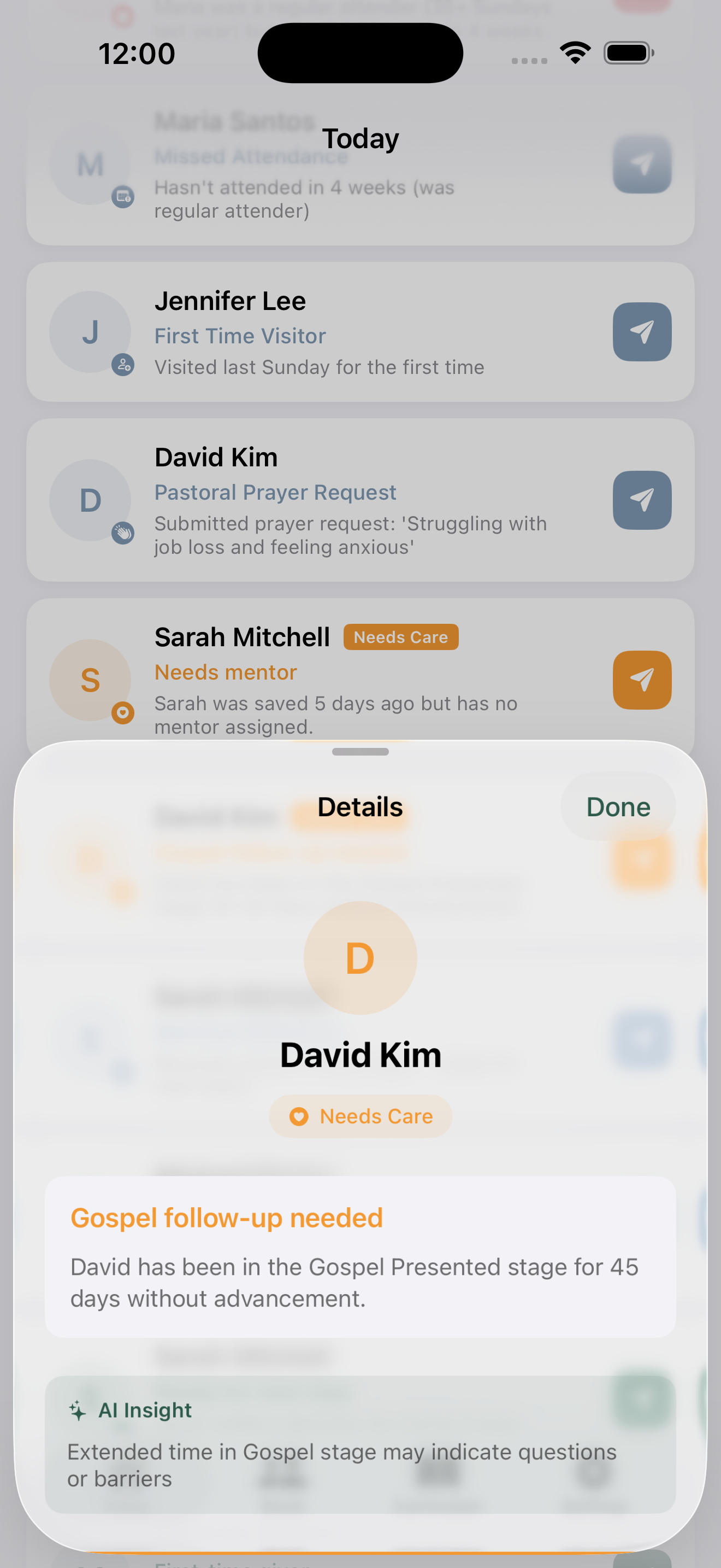 A Pastor App - Today View showing follow-ups